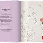 Links Gedicht: "The Messenger" von Thom Gunn. Rechts eine einfache Zeichnung eines Gesichts mit einer Blume.