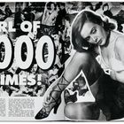 „GIRL OF 1000 CRIMES!“: Eine collageartige Darstellung einer Frau in Unterwäsche, umgeben von kleineren Bildern.