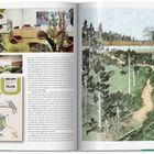 Texte: "Foster Associates", "75:09", "A+U". Links Bilder von Pflanzen, einem Büro; rechts eine Illustration einer Waldlandschaft.