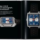 Text: "Heuer Ref. 1133 B 'Monaco' Chronograph, Ex-Steve McQueen." Bild eines Chronographen mit blauem Zifferblatt.