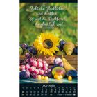 Zitat von Francis Bacon: „Nicht die Glücklichen sind dankbar...“. Oktober-Kalender mit Obst und Sonnenblume.