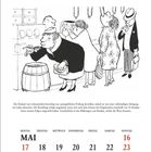 Illustration einer Frau mit Hut, die Lebensmittel probiert. Text über Lebensmittelprüfung. Kalendarium für Mai, 17. markiert.