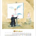 „Oktober“ steht gemalt im oberen Drittel, darunter ein Maler vor einer Leinwand, darauf ein Engel mit blauen Flügeln.