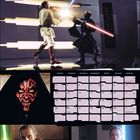 Text: "OKTOBER", "Star Wars". Kalender für Oktober, Szenen aus einem Science-Fiction-Film mit Lichtschwertkampf.