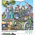 Comic: Eine Gruppe Leute bewundert ein grünes Motorrad. Sprechblasen loben das Motorrad. Kalendertext: "OKTOBER".