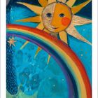 "Oktober" unten. Bunte Illustration mit Sonne, Regenbogen und Sternen auf blauem Hintergrund.