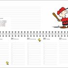 Kalenderseite mit Februar, Wochenübersicht 22.-28., Illustration eines Kindes mit Baseballschläger.