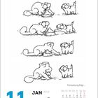 Text: "Fortsetzung folgt... 11. Montag JAN KW 2." Illustration: Katze zeigt einem Kätzchen einen erbeuteten Vogel.