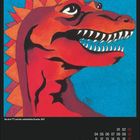 "Die drei ??? und der unheimliche Drache, 1972" sowie "OKT". Illustration eines roten Drachens mit Zacken auf blauem Hintergrund.