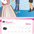 KIMS FAKTENCHECK: BERLIN heißt „Stadt am Sumpf“. OKTOBER. Drei Figuren in Tracht: Dirndl, Brezel, Lebkuchenherz. Kalender.