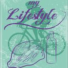 "My Lifestyle" in lila Schrift. Hintergrund mit Fahrrad, Helm und Flasche als Illustration auf mintgrünem Grund.