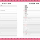 Kalender für Januar und Februar 2028, mit Feiertagen wie Neujahr, Heilige Drei Könige, Valentinstag, Rosenmontag. Hintergrund rosa mit schwarzen Herzen.