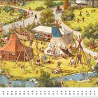 Eine Illustration zeigt ein lebhaftes Camp mit Zelten, einem Fluss, spielenden Kindern und Erwachsenen, einem bunt bemalten Bus.