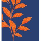 "Oktober" unten, Kalenderdaten in einer Zeile. Illustration: Orangene Blätter auf dunkelblauem Hintergrund.