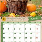 "Im Oktober viel Frost und Wind, ist der Winter wie ein Kind." Oktoberkalender, Igel im Korb, umgeben von Kürbissen.