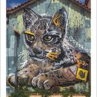 Graffiti einer großen, detailreichen Katzenfigur auf einer Hauswand mit Schildern; darunter Blumenbeete.
