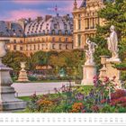 Text unten: "OKT" mit Kalendertagen. Klassische Gebäude, Statuen, blühende Gärten bei Abenddämmerung.