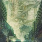 Kalenderzahl „10“. Futuristische Stadt mit hohen Strukturen, Auto, Figur und Katze auf Straße, grünliche Töne.