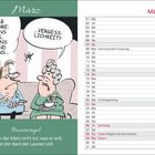 "März", "Ich hab 3 Probleme: Erstens Dings, Zweitens Bums und Drittens...", "...Vergesslichkeit?", "Bauernregel: Wenn der März nicht tut, was er soll, ist der April der Launen voll." Kalendarium März 2027. Illustration mit zwei Personen auf einem Sofa.