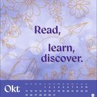 "Read, learn, discover." Kalender für Oktober. Blumen und ein Papierflieger in einer Illustration mit lila Hintergrund.