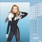 Kalenderseite mit Oktober. Illustration: Frau in schwarzem Outfit, Katze auf der Schulter.