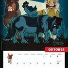 "Oktober" steht in einem roten Feld. Illustration: Drei Ponys mit Hüten und eine Henne unter einem Mond in einer nächtlichen Szene.