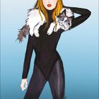 Text: "OKT" und Kalendertage. Illustration einer Frau in schwarzem Outfit mit Katze auf der Schulter vor blauem Hintergrund.