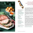 Schweinerollbraten mit Parmesankartoffeln und glasierten Karotten. Rezept und Zutatenliste auf der rechten Seite. Links ein Teller mit Braten.