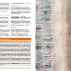 Texte über Einkaufen, Aktivitäten und Touren. Aussicht von oben: Strand mit türkisem Wasser, Boote parallel zum Ufer.