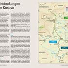 "Entdeckungen im Kosovo" oben. Links Infos zur Reiseroute, Verkehrsmittel, Highlights. Rechts Karte mit Orten, Routen, Grenzen.