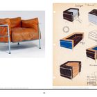 Links ein brauner Sessel mit blauer Metallstruktur. Rechts farbige Skizzen mit Notizen: "Sièges 'Church'" oben.