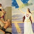 "Historia 1914–1918" steht auf einem großen Buch. Links: eine Frau mit Schwert, rechts: eine Dame mit Palmzweig.