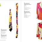 Links: Zwei Krawatten mit Camouflage-Muster in Grün, Gelb, Orange, Lila. Rechts: Zwei Jacken mit ähnlichem Muster.