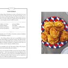 Rezept für Gougères: Zutaten und Zubereitung von Käse-Windbeuteln. Rechts Bild von gebackenen Gougères auf farbigem Teller.