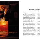 Buenos Aires bei Nacht. Fernandito und mehr. Eine Hand hält Eiswürfelzange über einem rot-orange leuchtenden Cocktail.