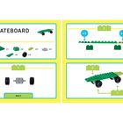Anleitung, um ein grünes LEGO-Skateboard zu bauen: Liste benötigter Teile und illustrierte Schritte.