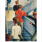 Gemälde: Menschen auf Treppen in geometrischen Formen, vorwiegend in Blau, Rot und Braun gehalten.