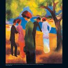 Oktober 2027. Gemälde: Menschen mit roten Hüten und bunten Kleidern stehen unter Bäumen an einer Mauer.