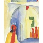 Kalenderblatt mit Oktober 2027, darunter eine farbenfrohe Aquarell-Illustration von Gebäuden und Figuren in warmen Tönen.