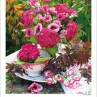 „Oktober 2027“ oben, ein Kalender unten. Eine Schale mit rosa Blumen, grüne Blätter im Hintergrund.