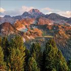 Ich kenne den Text nicht. Eine Gebirgslandschaft mit vielen Bäumen im Vordergrund, im Hintergrund hohe Berge.