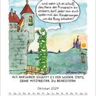 „...und wenn ich es schaff, das Herz der Prinzessin zu erobern, darf jeder von euch später mal den Kinderwagen um die Burg schieben!" Als Anführer schafft es der Widder stets, seine Mitstreiter zu begeistern. Oktober 2027. Illustration: Widder aufeinander gestapelt an Burgmauer.