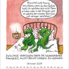 Zwei Krokodile sitzen im Bett; der eine spricht über Verstehen in Indien oder der Mongolei. Oktober 2027 Kalender.