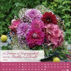 Zitat: "Die Samen der Vergangenheit sind die Früchte der Zukunft." Bunter Blumenstrauß, unten Monatskalender Oktober 2027.