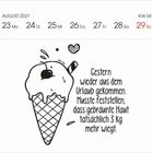 Datum: August 2027, KW 34. Text: "Gestern wieder aus dem Urlaub gekommen..." Illustration einer Eistüte mit Kirsche.