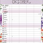 Kalender für Oktober 2027, Tage aufgelistet. Über dem Text sind bunte Blumen illustriert.