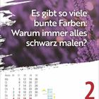 Text: "Es gibt so viele bunte Farben: Warum immer alles schwarz malen?" Unten Kalender mit Datum Freitag, 2. Juli.
