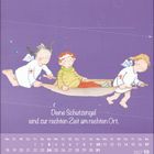 „Deine Schutzengel sind zur rechten Zeit am rechten Ort.“ Illustration zweier Engel mit einem Kind auf einer Trage. Unten Kalender.