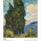 "Vincent. Zypressen, Vincent van Gogh 1889." Illustration: Zwei große Zypressen vor einem bewegten Himmel und Bergen.