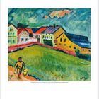 Gemälde: Bunte Häuser, grüne Wiese, Person mit Eimer. Unten: Monat Oktober mit Tage und Wochen, beginnend bei Sonntag.